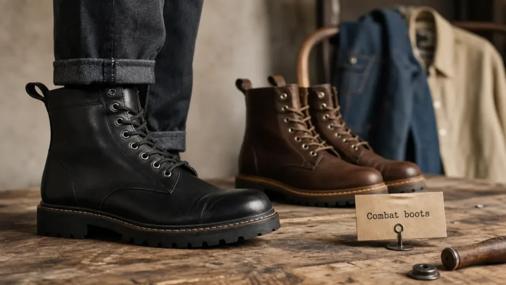 Combat boots homme en cuir lisse, patin commando, noir et brun