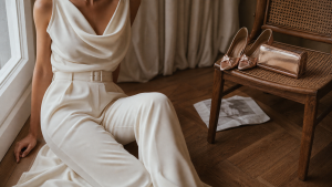 Combinaison pour mariage ivoire : coupe et accessoires
