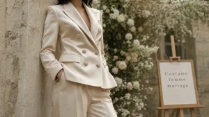 Costume femme mariage beige champagne : tailleur pantalon élégant