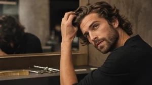 Coupe homme mi long : wavy naturel 10-20 cm, barbe courte