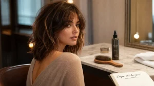 Coupe mi long femme : cheveux mi-longs et frange rideau, photo tendance