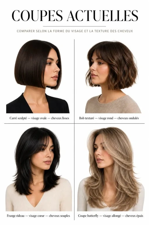 Coupe de cheveux : illustration éditoriale des styles tendance comme le carré sculpté, le bob texturé, la frange rideau et la coupe butterfly