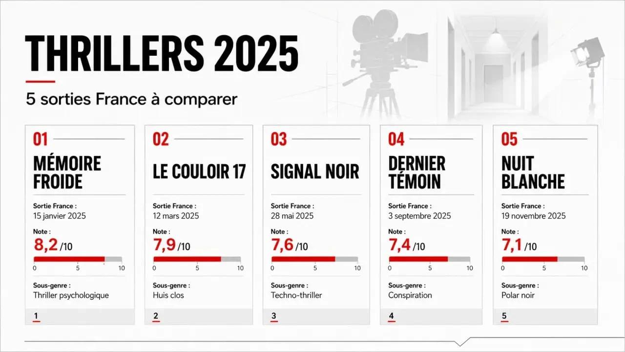 Infographie éditoriale sur les films thrillers 2025 avec classement, notes, dates de sortie France et sous-genres