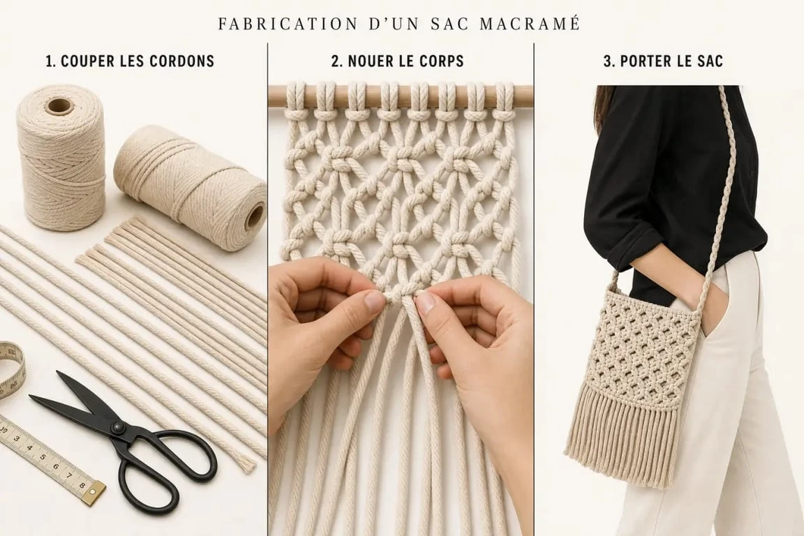 Sac macramé en fabrication, de la coupe des cordons au modèle fini