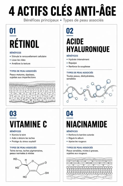 Infographie des actifs clés pour crème anti-âge : Rétinol, Acide Hyaluronique, Vitamine C et Niacinamide.