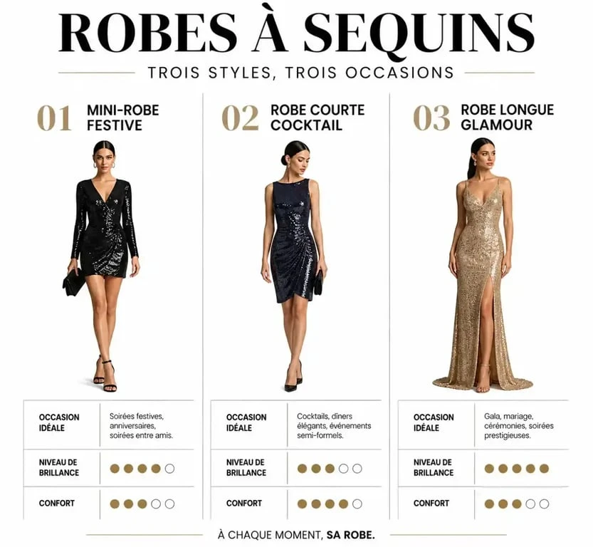 Infographie comparative des différents styles de robes à sequins pour choisir la tenue idéale selon l'occasion