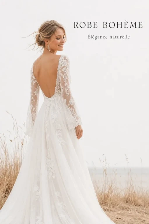 Robe de mariée bohème portée par une mariée dans un décor naturel et lumineux