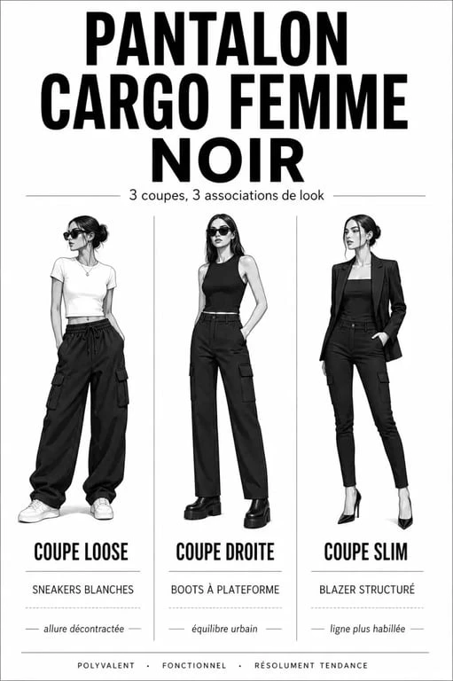 Comparatif du pantalon cargo femme noir avec trois coupes et idées de looks