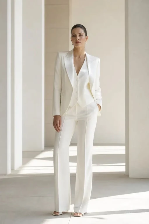 Costume femme mariage élégant porté par une femme dans un décor de cérémonie moderne