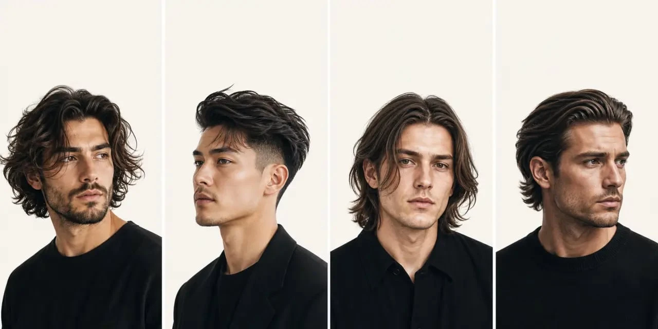 Coupe homme mi long : quatre styles mi-longs pour homme présentés en visuel éditorial