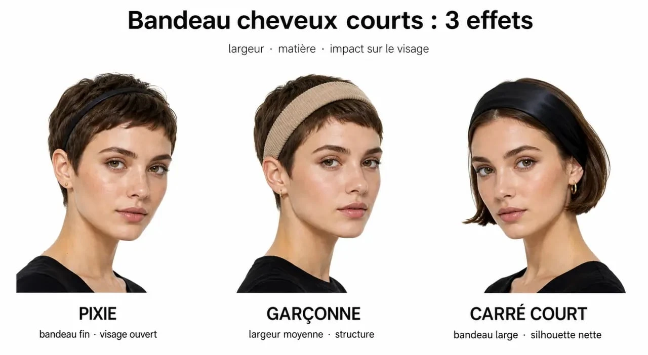 Bandeau cheveu court porté sur trois coupes courtes différentes pour comparer le rendu et la tenue