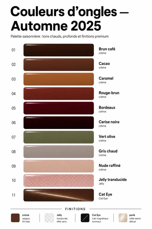 Couleur ongles automne 2025 : swatches tendance brun, bordeaux, vert olive, nude et Cat Eye