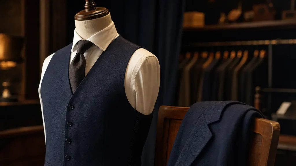 Gilet homme costume bleu marine en boutique élégante