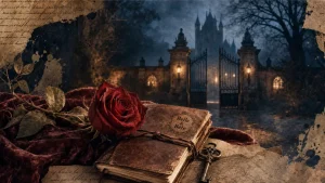 La belle et la bete conte : rose rouge, clé et carnet près du portail du château
