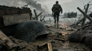 Meilleures film de guerre : casque allemand, sable et soldat américain après le débarquement
