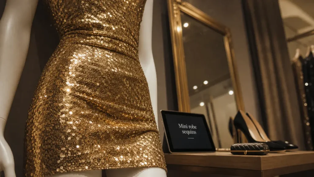 Mini robe sequins, sequins robe dorés en showroom