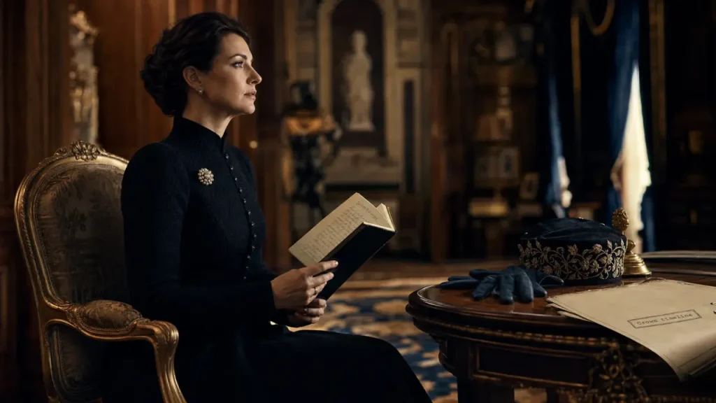 Personnages de The Crown : Elizabeth II, Charles et Diana, scène au palais