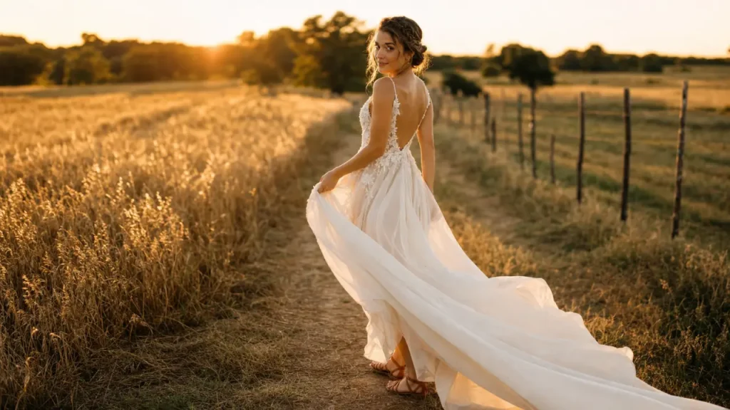 Robe de mariée bohème fluide, dentelle et dos nu au champ (mariée)