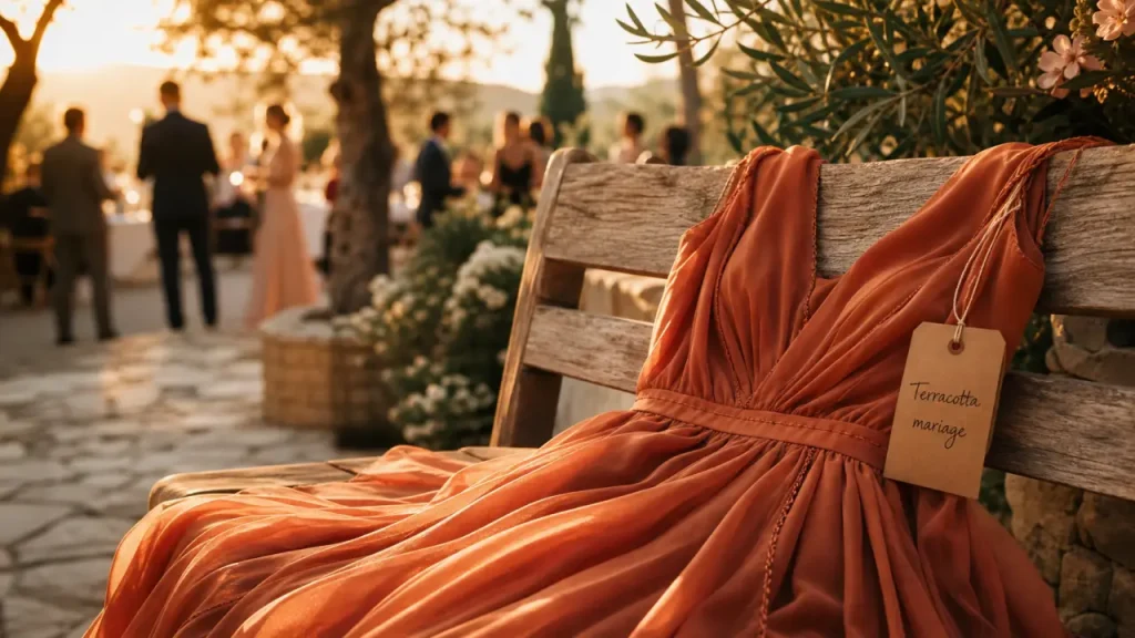 Robe terracotta de mariage fluide en mousseline au coucher du soleil