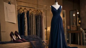 Robe de soirée chic et classe bleue marine, coupe colonne et fente