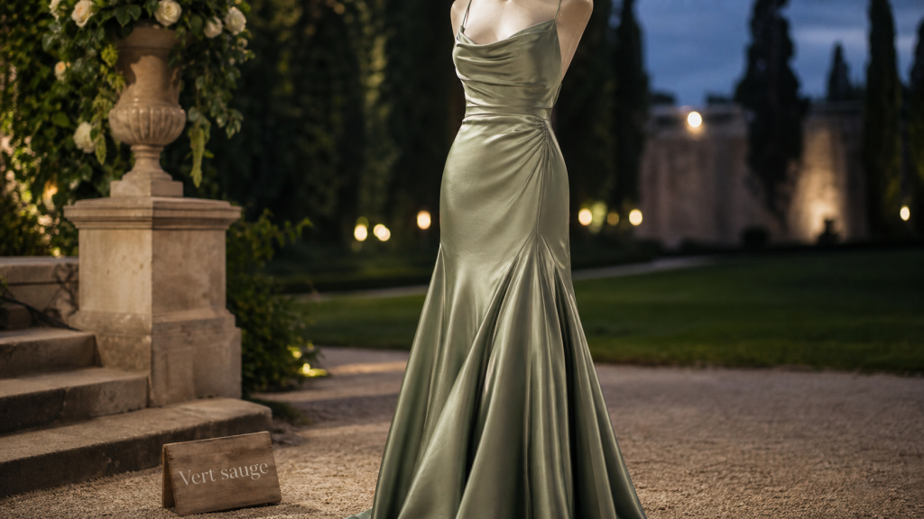 Robe vert sauge longue en satin, mariage, mannequin