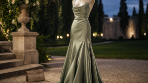Robe vert sauge longue en satin, mariage, mannequin