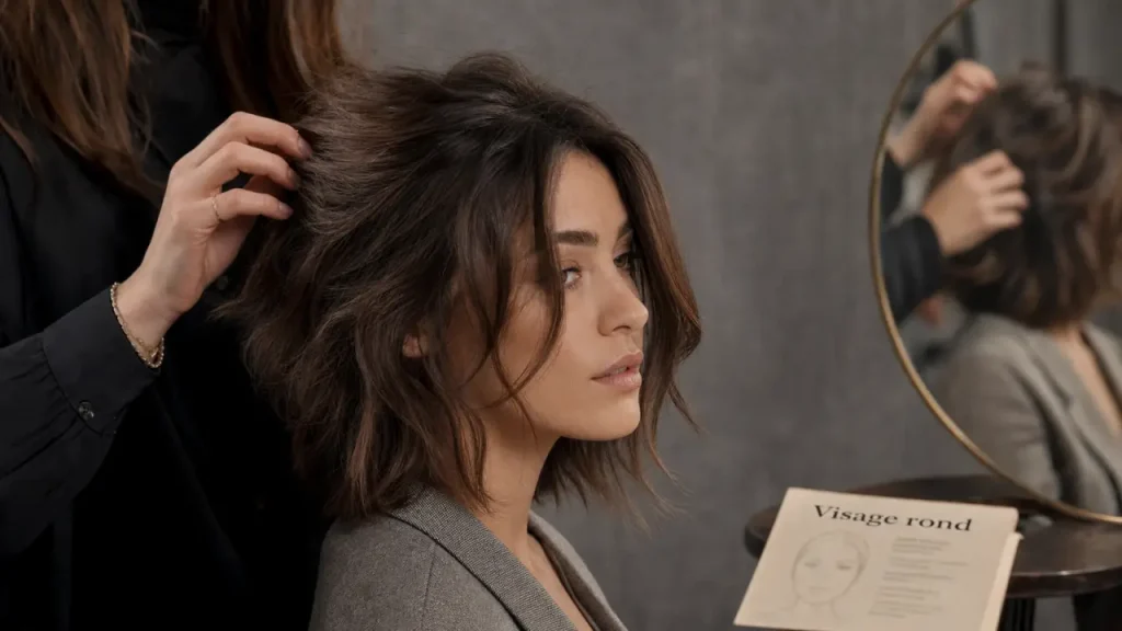 Visage rond coupe de cheveux long bob flou encadrant