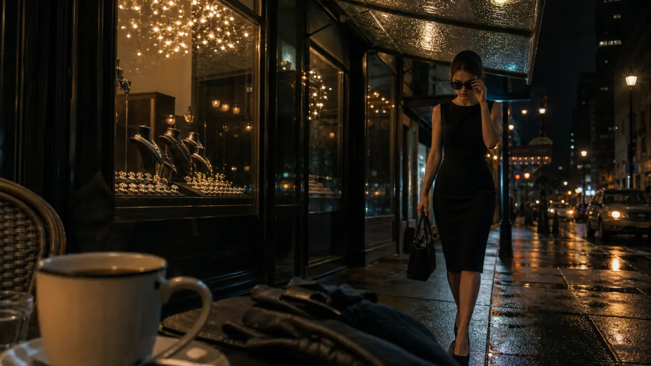 Audrey Hepburn diamants sur canapé : robe noire devant une vitrine de joaillerie nocturne