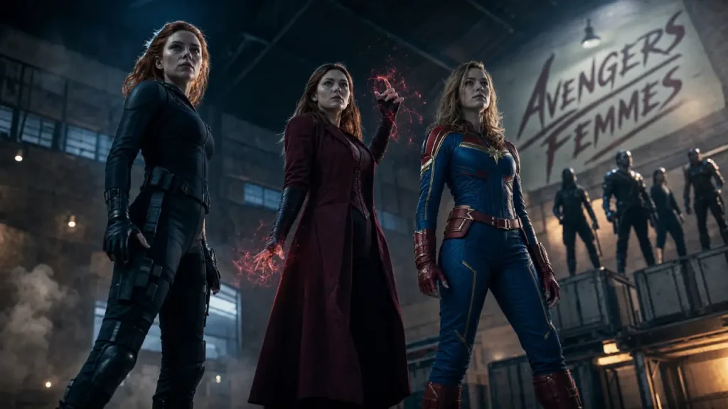 Avengers femme : Black Widow, Scarlet Witch et Captain Marvel dans un hangar