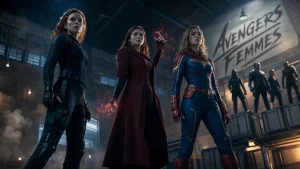 Avengers femme : Black Widow, Scarlet Witch et Captain Marvel dans un hangar