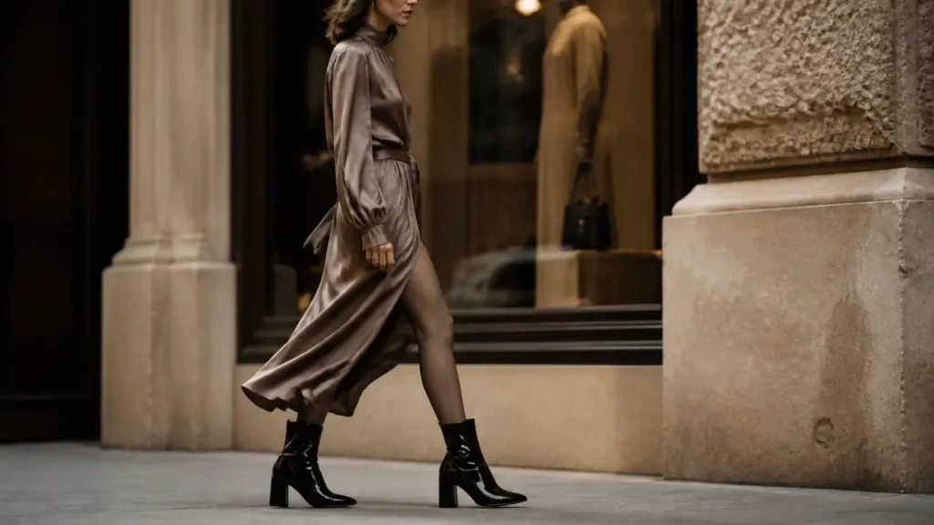 Bottine robe : bottine noire et robe midi taupe, silhouette allongée