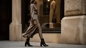 Bottine robe : bottine noire et robe midi taupe, silhouette allongée