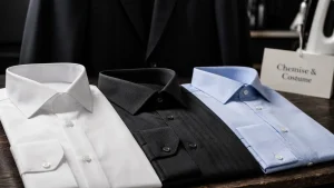 Chemise costume noir : chemise blanche, noire ou bleue avec costume noir