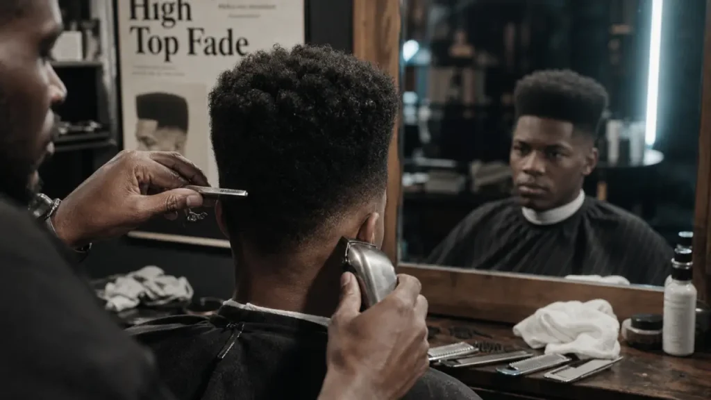 Coiffure homme afro : High Top Fade en salon de coiffure