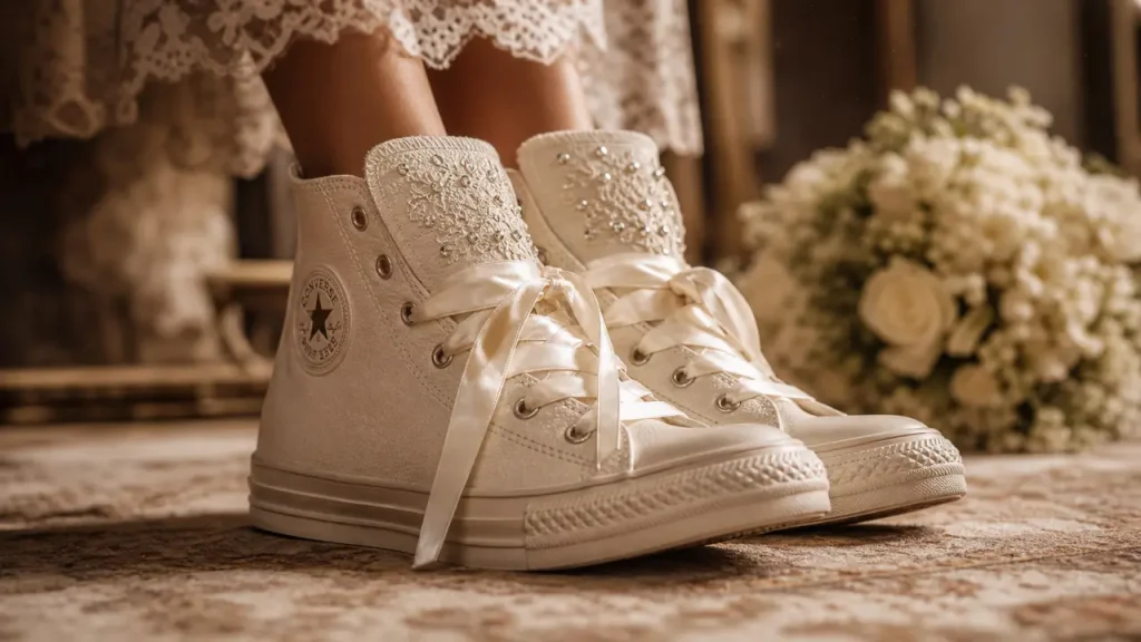Converse mariage cuir ivoire avec dentelle et cristaux