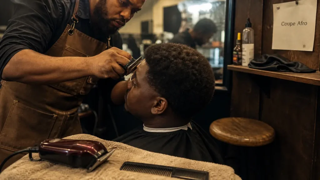 Coupe homme afro : barbier rase contours cheveux afro