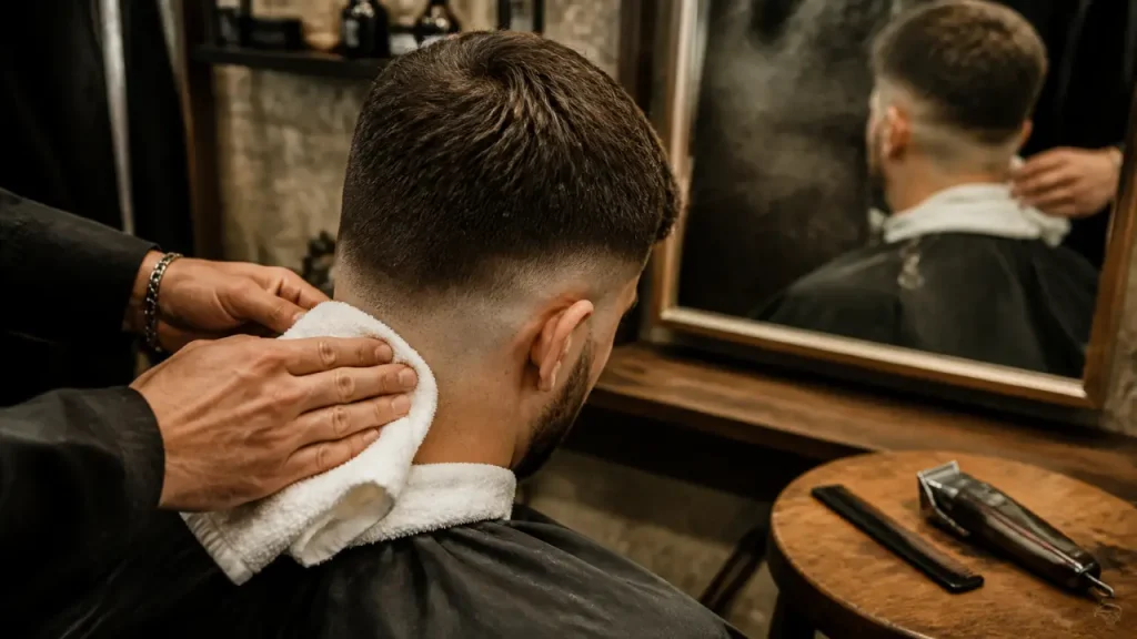 Coupe homme court classique avec dégradé bas et dessus court, entretien simple