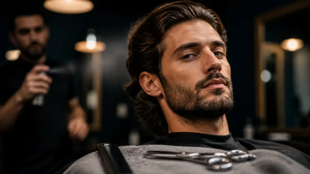Coupe mi longs homme : cheveux mi-longs coiffés, barbe soignée
