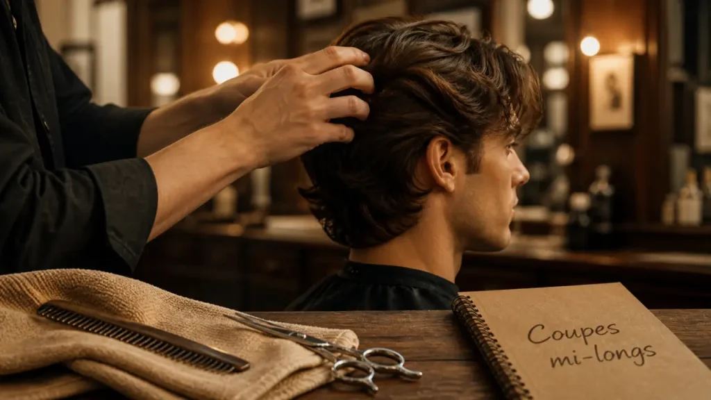 Coupes cheveux mi longs homme : coiffeur masse et peigne des cheveux mi-longs