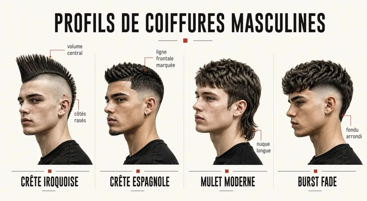 Coupe de cheveux crete : comparaison visuelle entre crête iroquoise, crête espagnole, mulet et burst fade