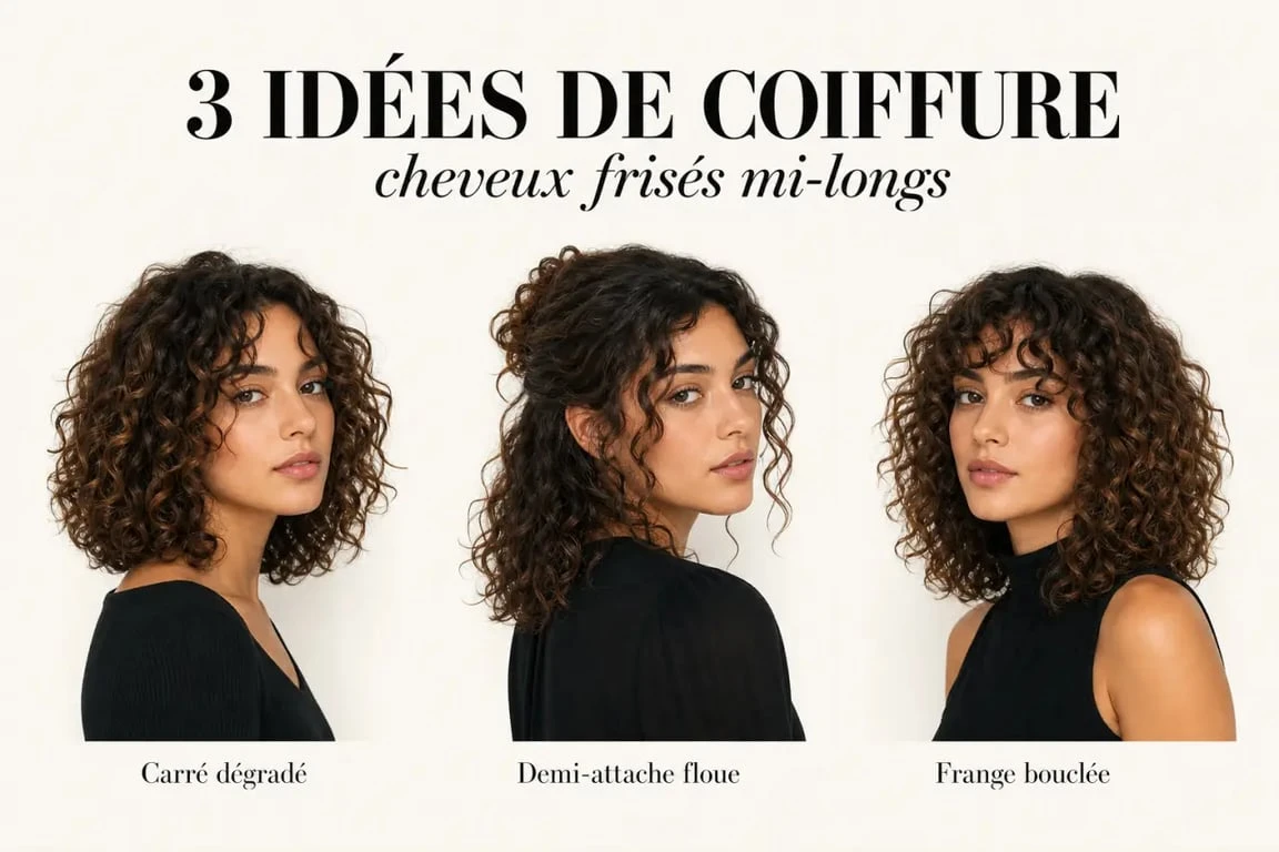 Idées de coiffure cheveux frisés mi long avec carré frisé, demi-attache et frange bouclée