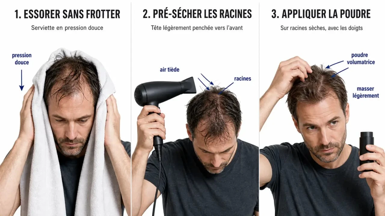 Cheveux fins homme coiffure : séchage des racines et pose d’une poudre volumatrice