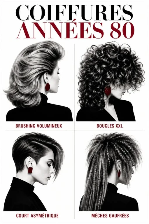 Coupe annees 80 : collage éditorial de coiffures emblématiques avec brushing volumineux, boucles XXL, coupe courte asymétrique et mèches gaufrées