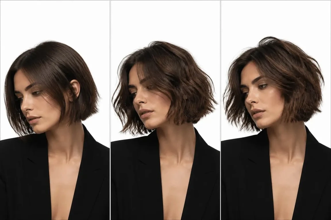 Carré destructuré en trois variantes montrant le mouvement et la texture de la coupe