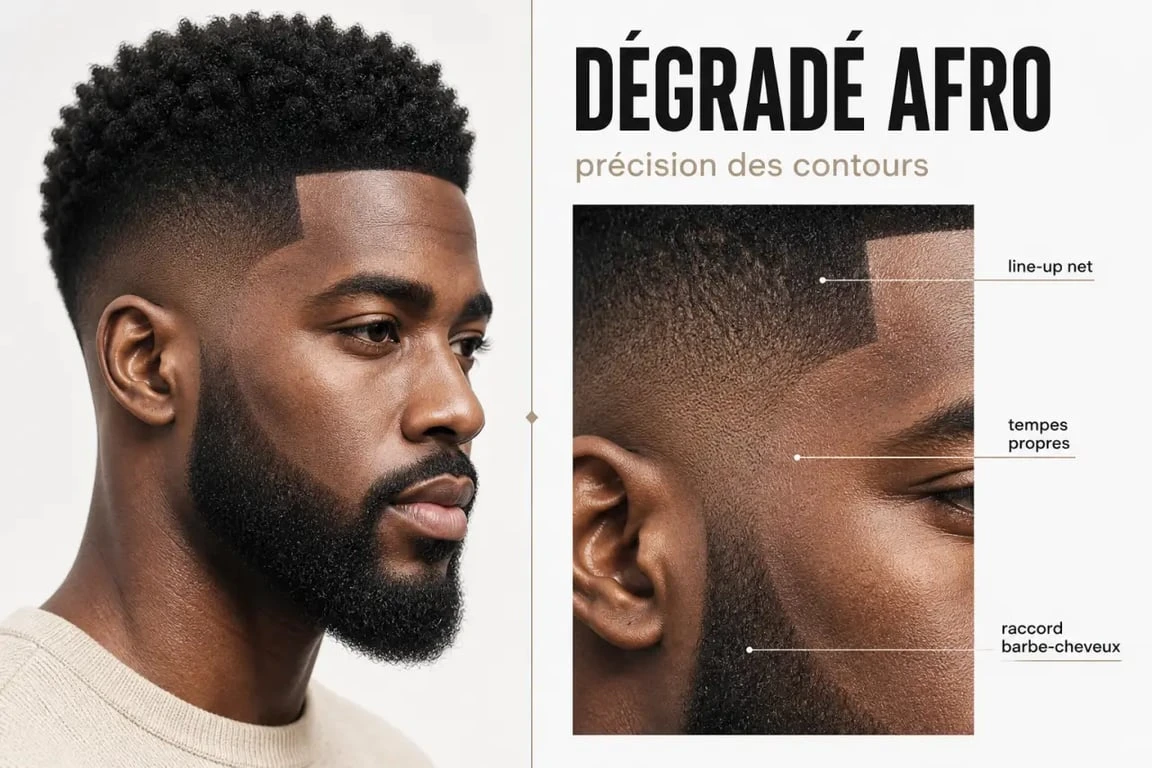 Coupe homme afro avec dégradé, line-up et raccord barbe