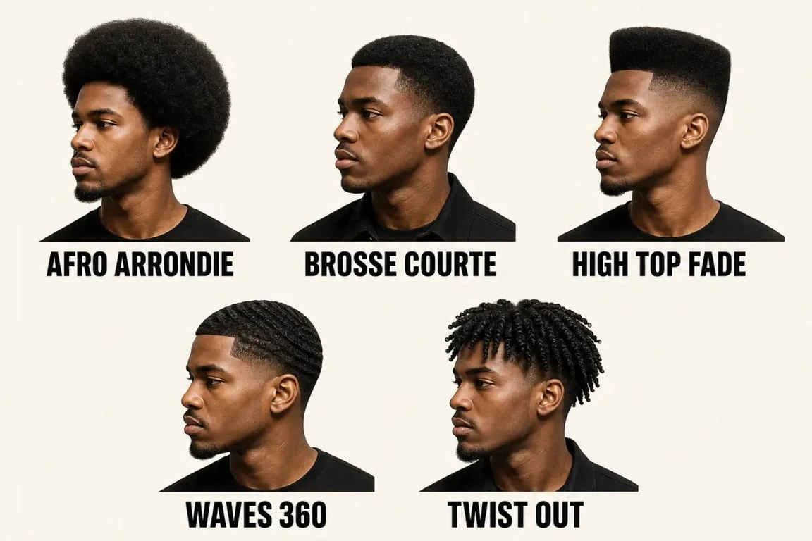 Comparatif des coupes homme afro avec cinq styles différents