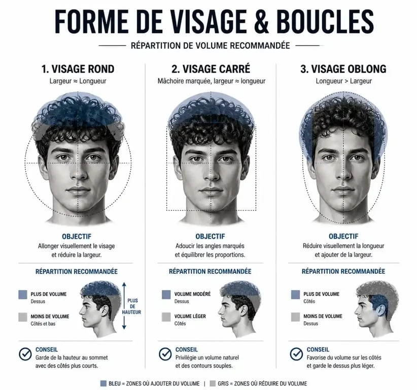 Schéma des coupes de cheveux homme bouclé selon la forme du visage