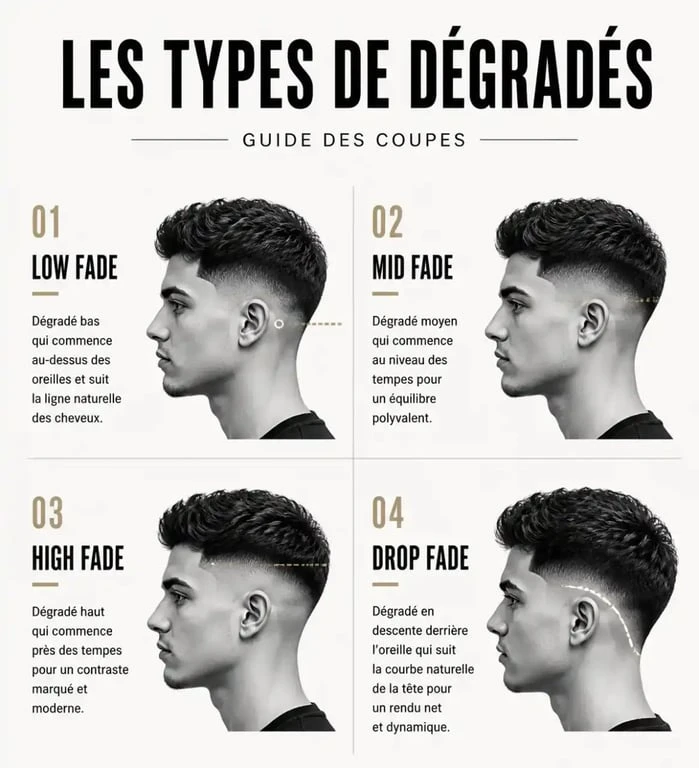 Schéma comparatif des styles de dégradé homme long au dessus : Low, Mid, High et Drop Fade