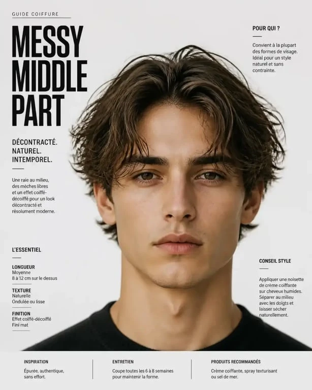 Exemple de coupe de cheveux homme 2026 style messy middle part