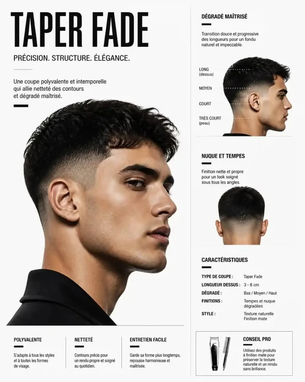 Exemple de coupe de cheveux homme 2026 style taper fade